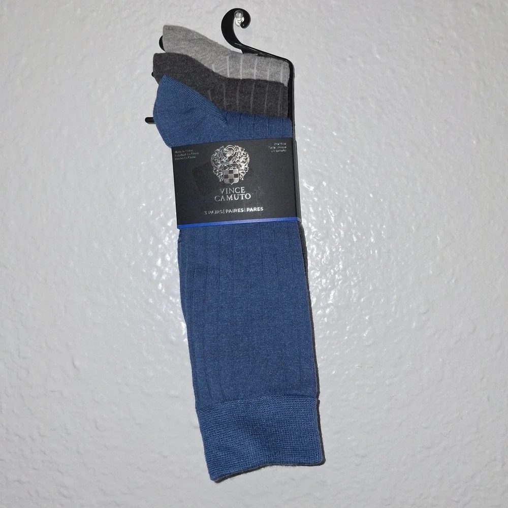 Vince Camuto Men's Dress Socks 3 Pairs Ribbed One Size Blue Gray Stripe